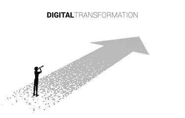 Poster - Silhouette of businessman and telescope standing on the arrow from pixel. concept of digital transformation of business.