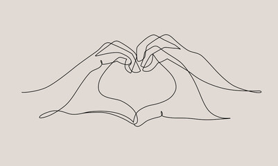 Wall Mural - two hands making heart sign continuous line drawing. valentine's day vector illustration.