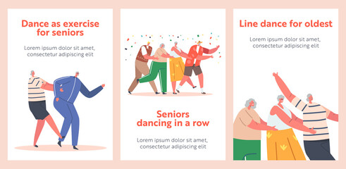 Wall Mural - Old People Dance Conga Stand in Line with Confetti Falling Down Cartoon Banners. Active Elderly Men and Women Party