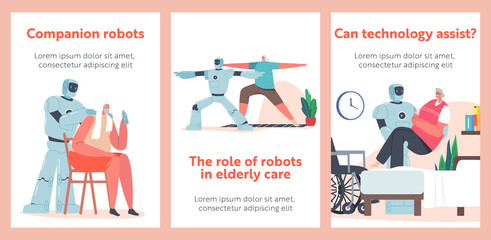 Poster - robots help elderly people cartoon banners. futuristic technology for seniors. ai cyborg walk with o