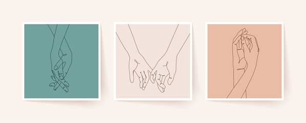 Wall Mural - set of one line holding hands. valentine's day vector illustration.
