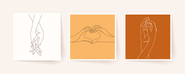 Wall Mural - set of one line holding hands. valentine's day vector illustration.