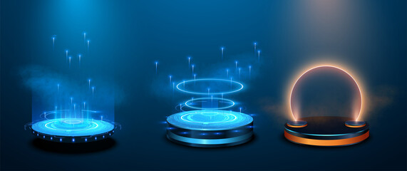 Poster - Circle portals, teleport, hologram gadget. Blank display, stage or magic portal, podium for show product in futuristic cyberpunk style. Sky-fi digital hi-tech elements for presentation product. Vector
