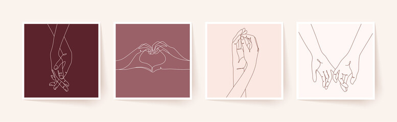 Wall Mural - set of one line holding hands. valentine's day vector illustration.
