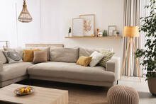 Stylish Living Room Interior With Comfortable Grey Sofa And Different Decor Elements