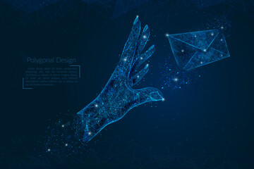 Wall Mural - abstract isolated image of human hand sending letter. polygonal illustration looks like stars in the