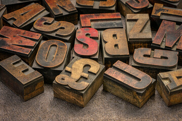 Wall Mural - alphabet abstract in vintage letterpress wood type printing blocks (mirror image) against handmade bark paper