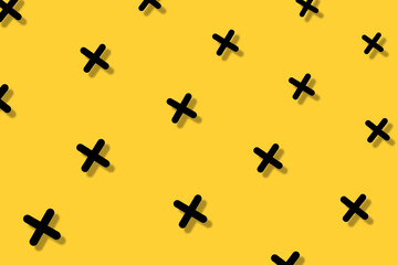 Aufkleber - Pattern of black geometric shapes in retro, memphis 80s 90s style. Crosses shapes on yellow background with shadows. Vintage abstract background