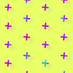 Aufkleber - Pattern of geometric shapes in vibrant gradient holographic neon colors. Retro, memphis 80s 90s style. Crosses shapes on yellow background. Vintage abstract background