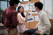 © tigercat_lpg - The female worker presents and explains finance chart boards to her Asian coworkers in business office workspace. Three colleagues partnership discussing business plan strategy and marketing report.