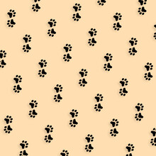 Colorful Pattern Of Cat Paws On Orange Background. Seamless Pattern With Cat Paw. Dog, Cat Footprint Background
