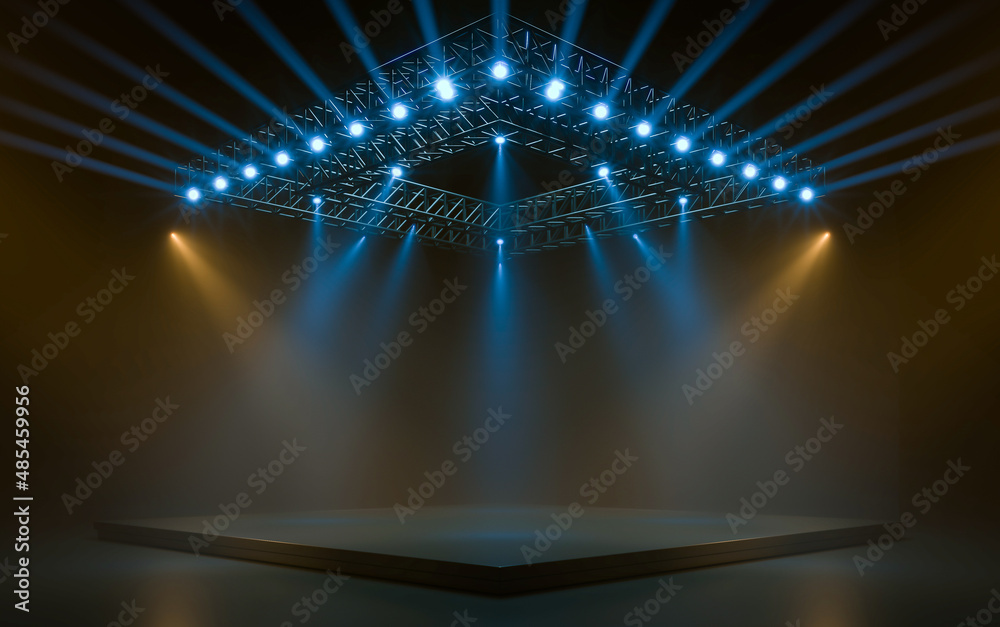 Empty stage with lighting equipment on a stage. Spotlight shines on the ...