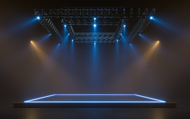 Empty stage with lighting equipment on a stage. Spotlight shines on the stage. 3d rendering