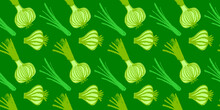 Vector Onion Pattern Seamless. Green Shallot Illustration. Vegan Restaurant Ornament, Vegetarian Backdrop. Homemade Cooking Background. Vegetable Wallpaper Of Food Label Or Banner. Bulb Onion Drawings