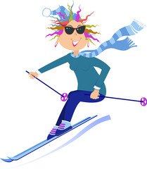 Poster - Cartoon skier woman illustration. 
Winter sport. Young skier woman in sunglasses isolated on white background
