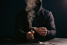 Drug Addict Man Or Drug Dealer Prepares Heroin.