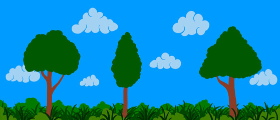 Wall Mural - Summer cartoon landscape. Vector clouds, birds and trees on green grass