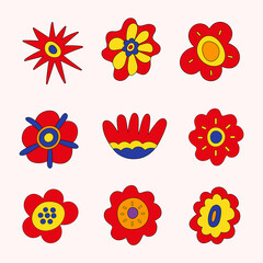 Wall Mural - Retro collection of colorful hippie flowers. Vintage festive groovy botanical design. Trendy vector illustration in 70s and 80s style.	