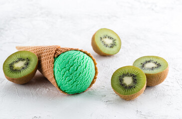 Canvas Print - scoops of kiwi and mint ice cream, tropical kiwi icecream dessert