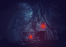 3D Abstract Witch House In Night Forest