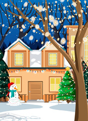 Poster - Christmas winter scene with snow covered house and snowman