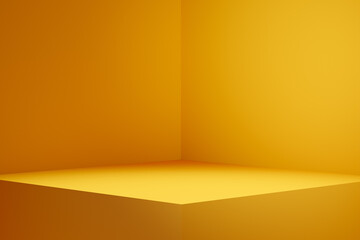 Wall Mural - Empty pedestal display on yellow background with blank stand for product show or presentation.