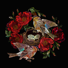 Embroidery Bird Nest, Roses And Titmouse, Bullfinch. Fashion Clothes Template And T-shirt Design. Romantic Spring Style