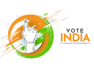 Sticker - Vote India, It's Your Right And Responsibility Text With Sticker Style Indian Voter Hand, Saffron And Green Brush Circular On White Background.