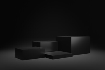 Wall Mural - Blank pedestals or platform in cube shape with dark black studio background for product display.