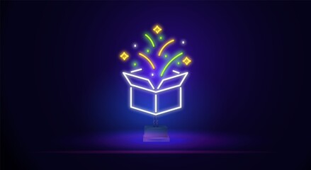 Neon gift box sign. Glowing present box icon in neon style. Promotion or sale concept. Neon signboard, nightly bright advertising, light inscription. Vector illustration