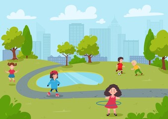 City park background with kids doing sports, cartoon flat vector illustration.