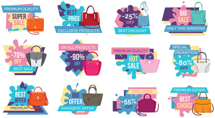 Wall Mural - Sale poster with womens bag. Discount, special offers promotion, shopping advertisement. Hand drawn style vector design illustration shop now concept, black friday marketing advertising template