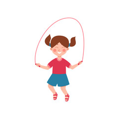 Wall Mural - Child girl cartoon character jumping rope, flat vector illustration isolated.