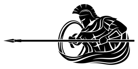 Wall Mural - Spartan with spear and shield on white background.