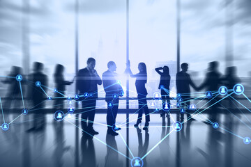 Aufkleber - Businesspeople working together in office with abstract glowing polygonal network with people icons and blurry city view. Online networking, multimedia, digital communication concept. Double exposure.