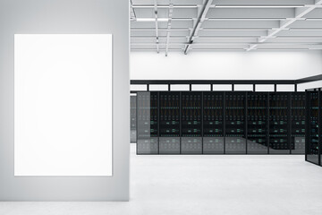 Aufkleber - Modern server room interior with blank white mock up poster on concrete wall. Datacenter, security and database concept. 3D Rendering.