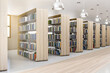 Side view on wooden book shelves in eco style library with silver color lamps on top and wooden floor. 3D rendering