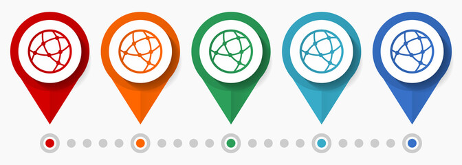 Poster - Web, internet concept vector icon set, flat design globe pointers, infographic template