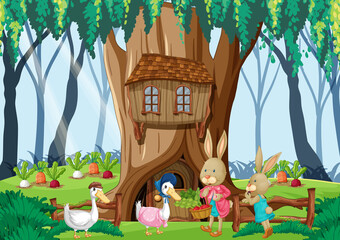 Canvas Print - Rabbit family lives in enchanted forest