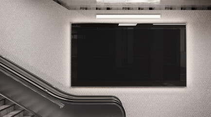 Panoramic 2:1 glowing billboard on underground wall Mockup. Hoarding advertising on train station wall 3D rendering