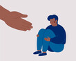 Human hand helps a sad black man to get rid of anxiety. The counselor supports the African American boy with psychological problems. Mental health aids and medical help for people under depression.