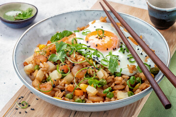 Canvas Print - Shrimp fried rice with vegetables and fried egg