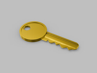 Fototapete - Golden one color key on surface on gray flat background. Minimalistic design object. 3d rendering icon ui ux interface element.