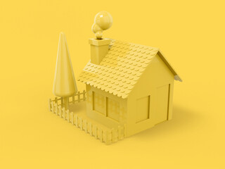 Poster - Yellow single color house, rural landscape, fence, tree, garden on yellow monochrome background. Minimalistic design object. 3d rendering icon ui ux interface element.