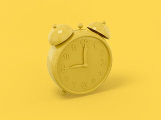 Poster - Yellow one color alarm clock on a yellow flat background. Minimalistic design object. 3d rendering icon ui ux interface element.