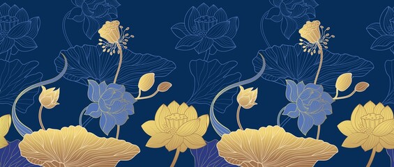 Wall Mural - Line gold floral background. Art ornate plants, golden exotic asian flowers seamless pattern. Luxury leaf and lotus, blue oriental stylish nowaday vector banner