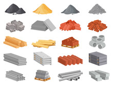 Cartoon Construction Building Materials. Piles Of Sand, Cement And Stones. Red Brick Stacks, Wooden Planks And Metal Roof Elements For House Building Industry And Renovation Vector Set
