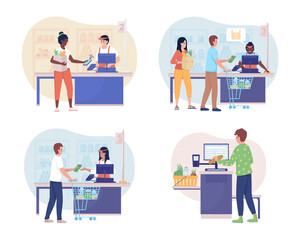 Aufkleber - Buying groceries in shop 2D vector isolated illustration set. Customers and cashier flat characters on cartoon background. Selling product in supermarket colourful scene collection