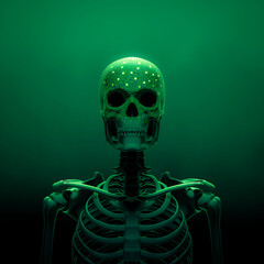 Wall Mural - artificial intelligence skull concept - 3d illustration of dark green skeleton figure with computer 