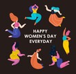 Happy International Woman Day Celebration Party.Feminism concept.Bright Different Dancing Girl in Circle.Eight of March Celebration.Powerful ,Free Confident Women.Feminine Empowerment Illustration